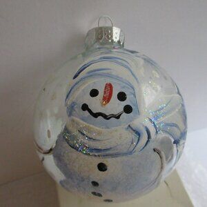 Jumbo G & B Hand Painted Snowman Clear Glass Christmas Ornament Ball 4"